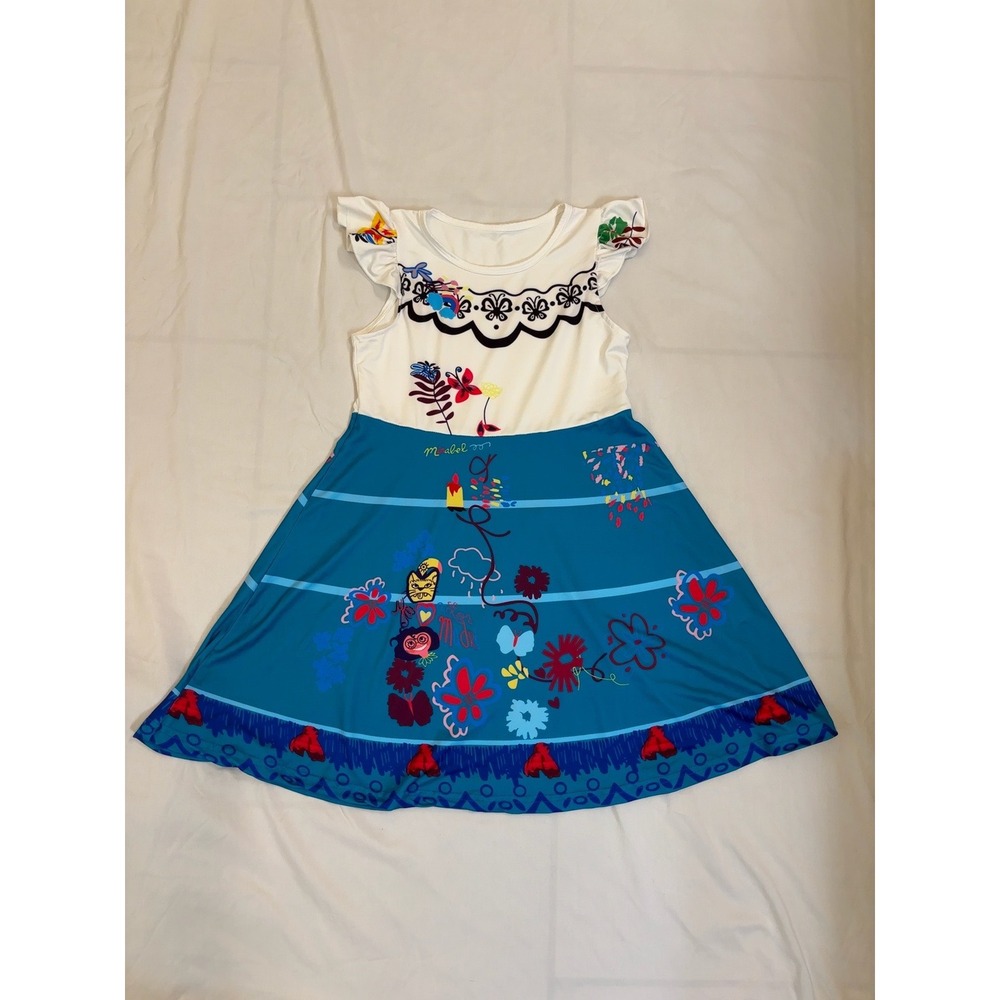Disney Encanto Mirabel Inspired Flutter Sleeve Dress Teal White Kids Size 150